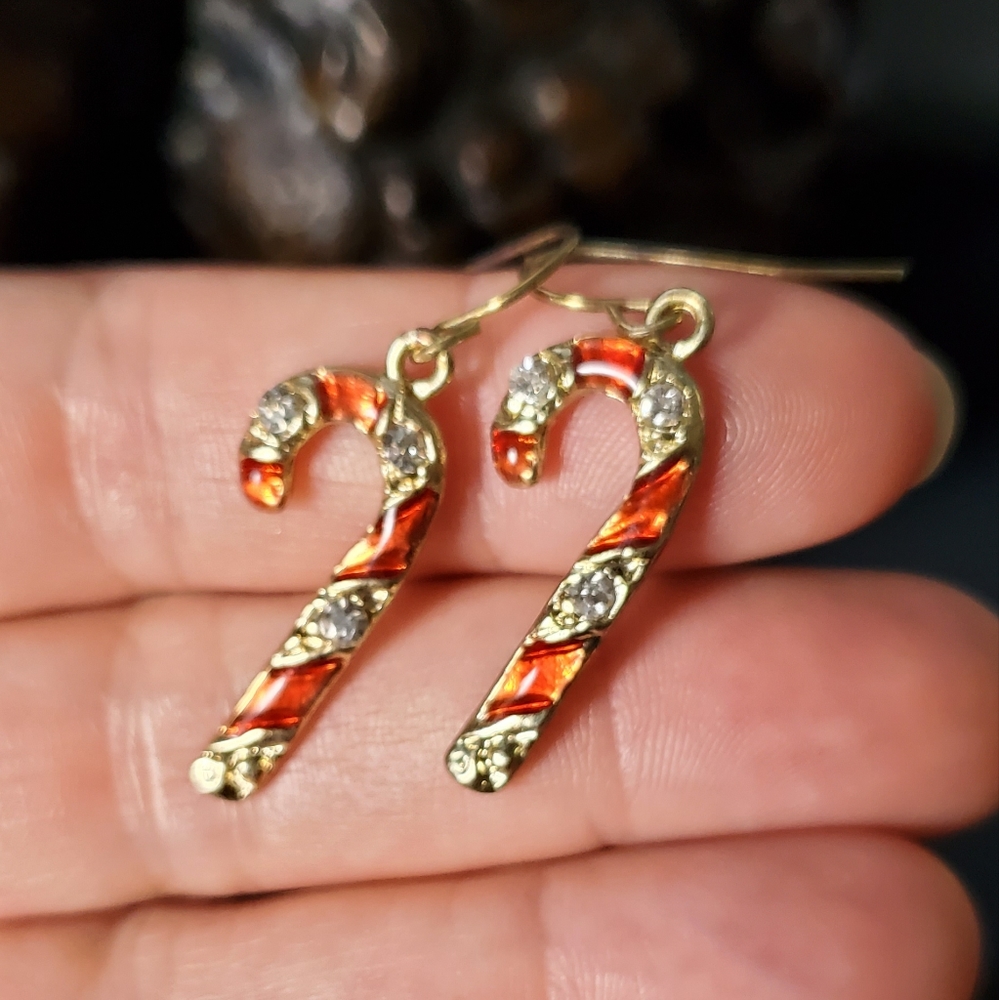 Vintage goldtone candycane earrings with red enamel and crystal accents